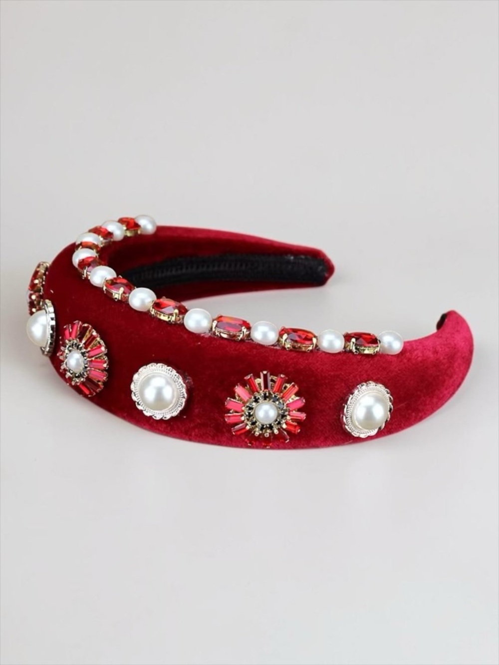 Red Velvet Pearl Rhinestone Embellished Headband Statement Hairband NWT